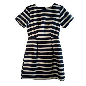 H&M Striped Fit Flare Mini Dress Navy Blue White Viscose Sz 6 Nautical Old Money